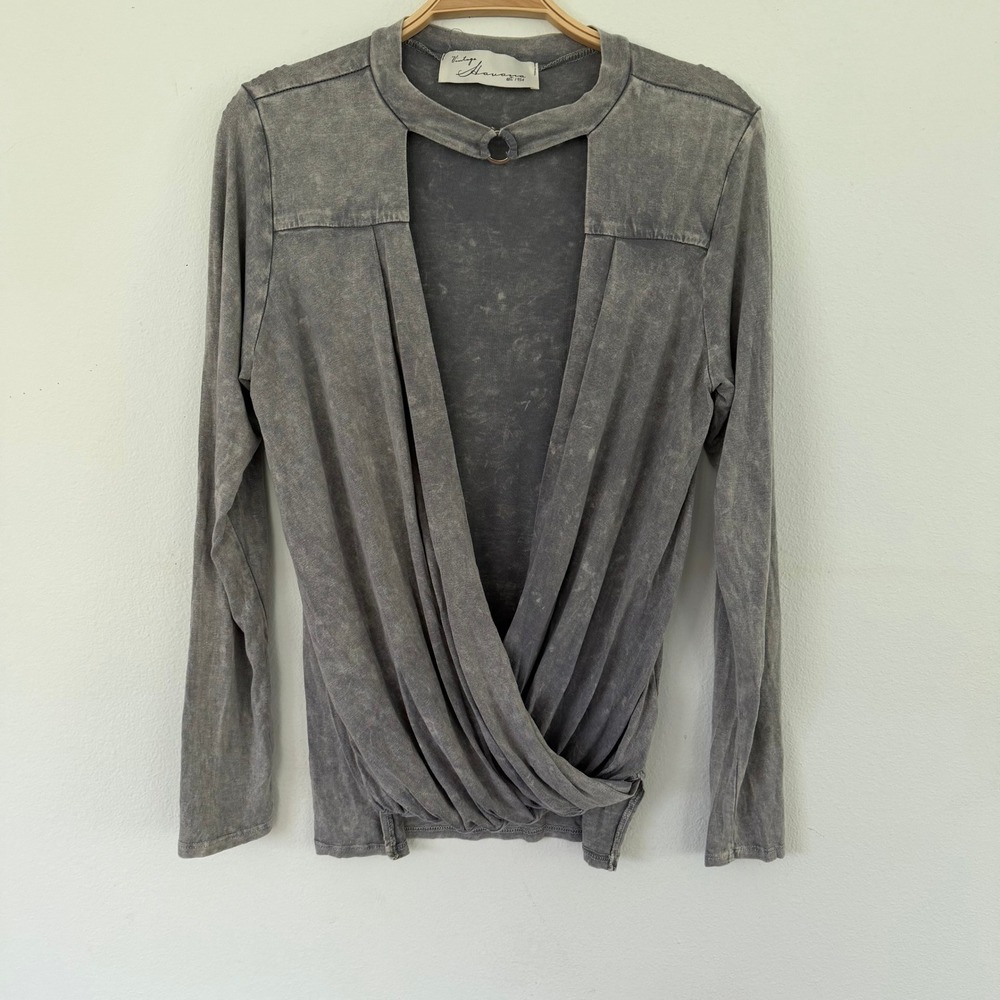 Vintage Havana Womens Grey Acid Wash Choker Neck Surplice Wrap Top Small